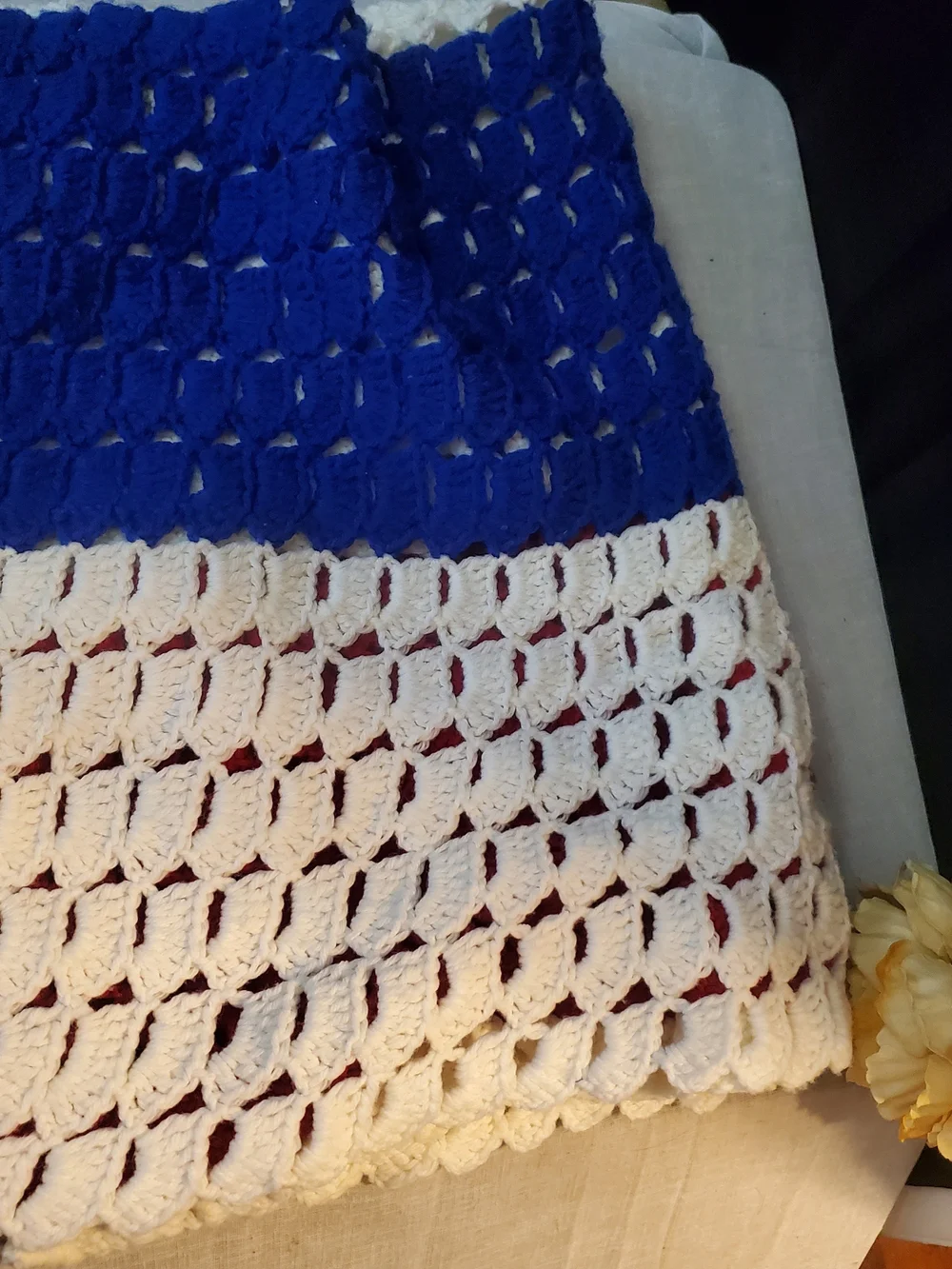 Handmade Crochet Throw in Red, White & Blue Stripes 60